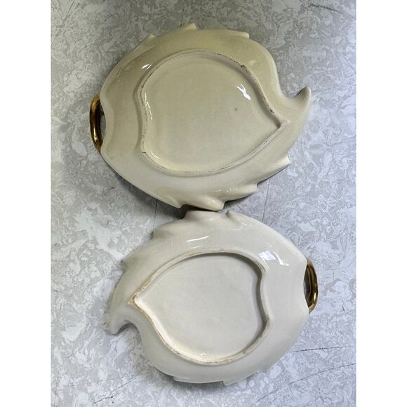 Mid Century Leaf Shaped Floral Gilt Accented Candy or Trinket Dishes-Set of Two - Picture 5 of 5